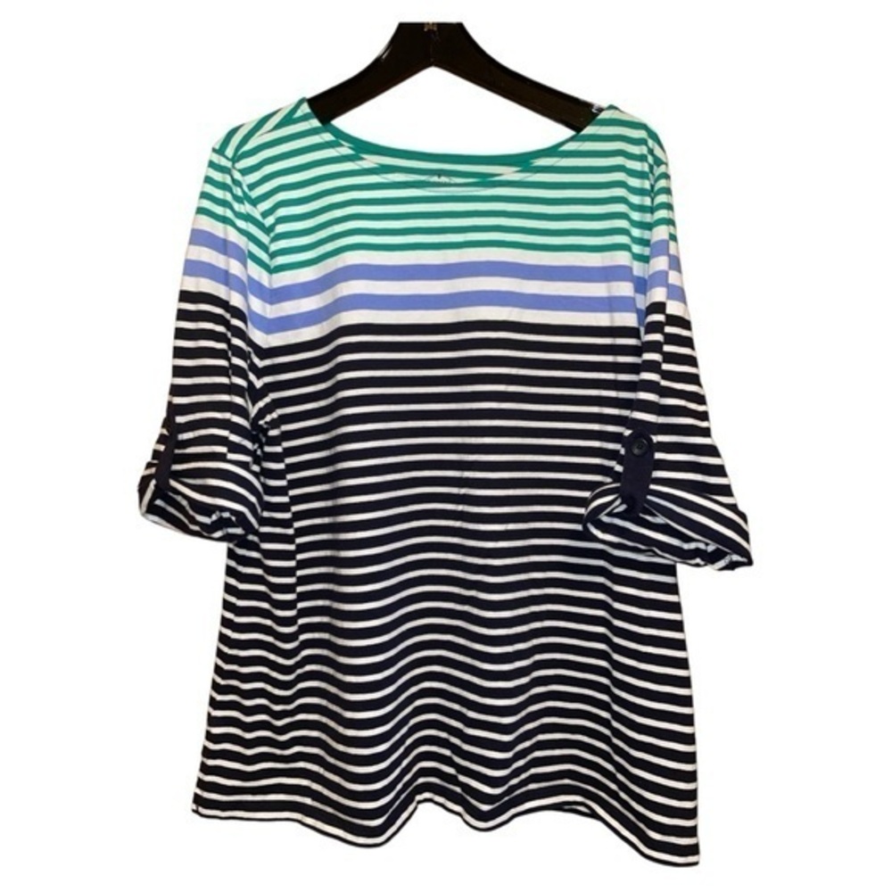 St. John’s Bay Womens‎ Striped Top Blouse 2X Roll Tab Sleeve Cotton Nautical
